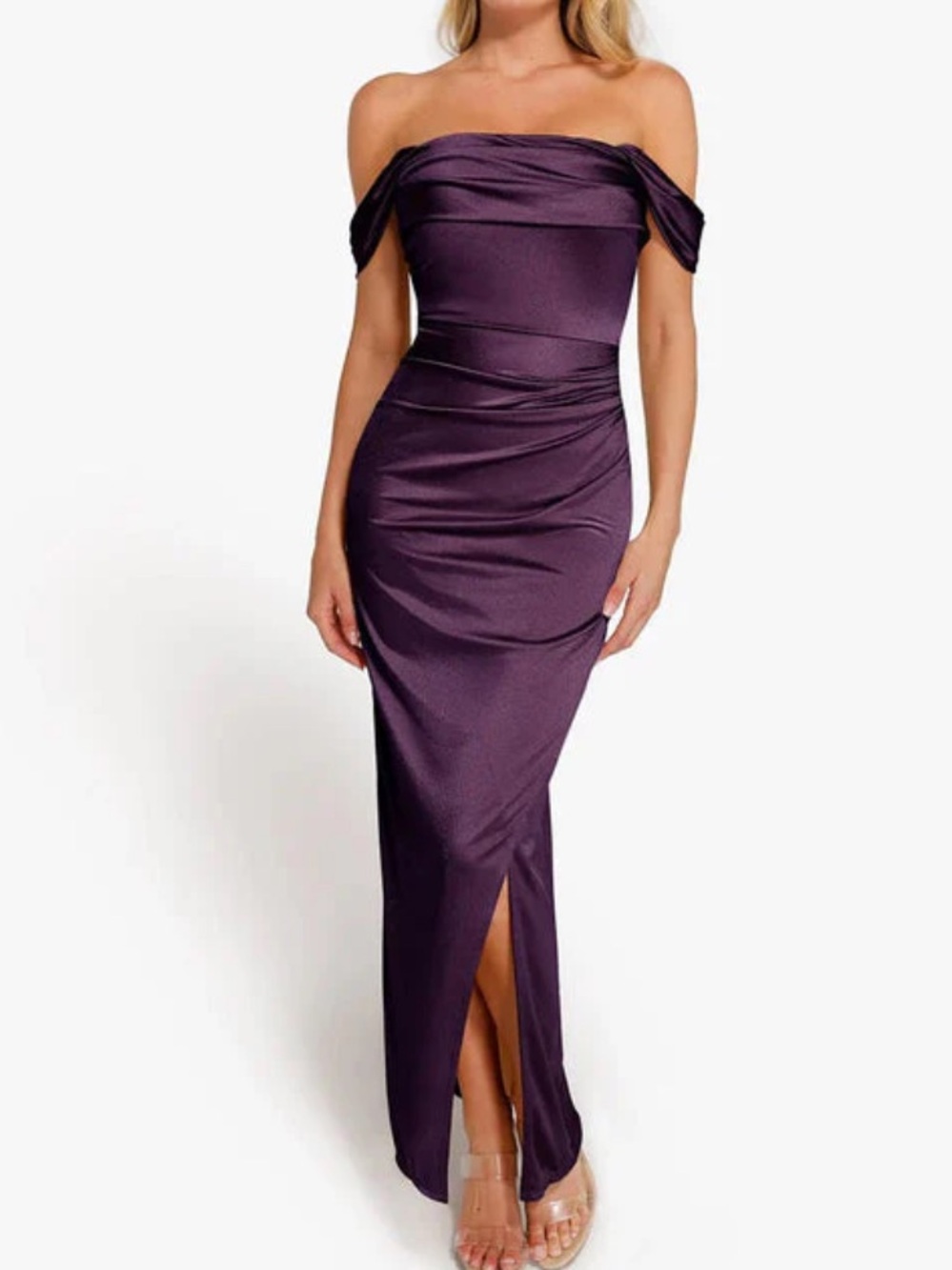 Shapewear Off Shoulder Shine Ruched Sculpting Maxi Dress
XS